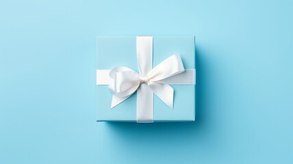 Baby blue gift box with white bow on light blue background flat lay, top view, Blurry background, template, Bokeh, Copy Space, Generative AI