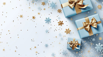 Xmas design of realistic gifts box, blue snowflake and glitter gold confetti, Blurry background, template, Bokeh, Copy Space, Generative AI
