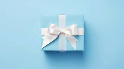 Baby blue gift box with white bow on light blue background flat lay, top view, Blurry background, template, Bokeh, Copy Space, Generative AI
