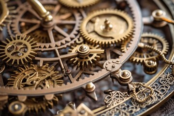 Fototapeta na wymiar close-up of intricate clock gears and cogs, created with generative ai