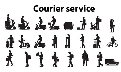 Silhouette Courier Service Vector illustration. Black Courier service. Set of bike for courier service.