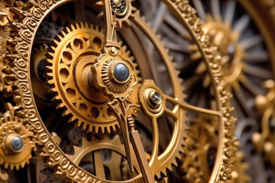 close-up of intricate gears and cogs in clock mechanism, created with generative ai