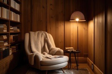 a cozy reading nook, with a plush armchair and a stack of books, surrounded by wood-paneled walls, created with generative ai