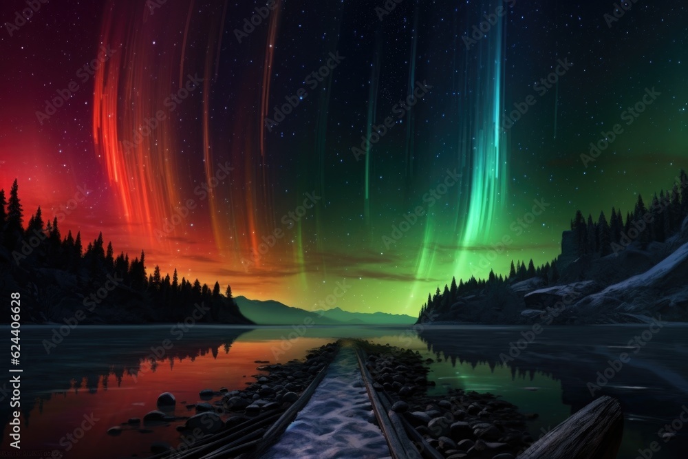 Wall mural colliding auroras from different planets in a cosmic light show, created with generative ai