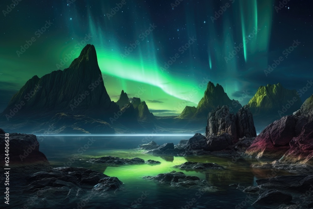 Sticker a distant exoplanets rocky terrain illuminated by an otherworldly aurora, created with generative ai
