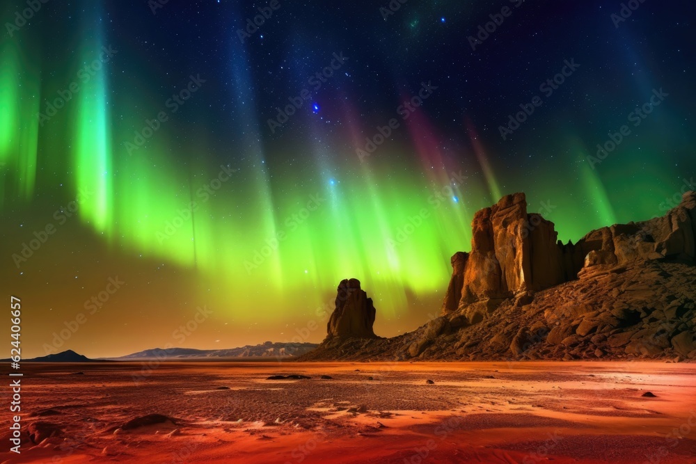 Canvas Prints colorful aurora lights dancing over mars desert landscape, created with generative ai