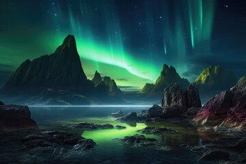 Obraz na płótnie Canvas a distant exoplanets rocky terrain illuminated by an otherworldly aurora, created with generative ai