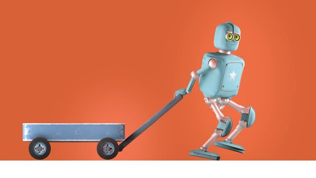 Robot Cartoon funny 3D video render - Vintage child's toy mini wagon, isolate on orange