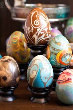 creative diy easter egg decorating supplies and finished designs, created with generative ai