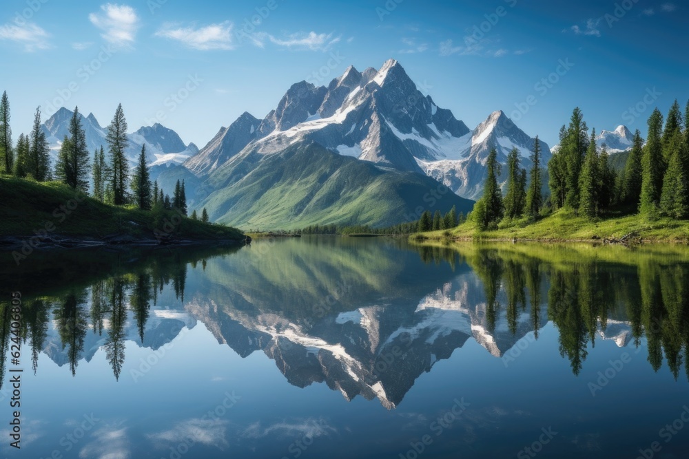 Poster majestic mountain range reflected in quiet lake, created with generative ai