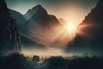foggy mountain scene, with the rising sun peeking through the mist, created with generative ai