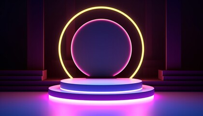 3d neon podium background. Copy space product presentation