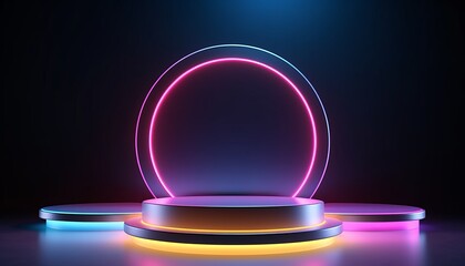 3d neon podium background. Copy space product presentation