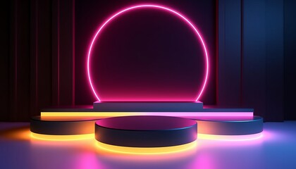 3d neon podium background. Copy space product presentation