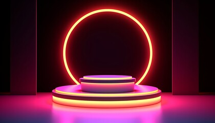 3d neon podium background. Copy space product presentation