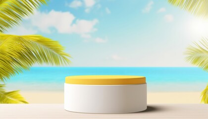 3d podium on yellow color and tropical beach with blue sky white clouds and palm leaves abstract background. Copy space of product presentation and summer nature concept