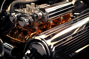 shiny classic car engine with chrome parts, created with generative ai