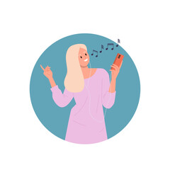 Young female music lover character listening favorite melody and dancing tracks on mobile phone
