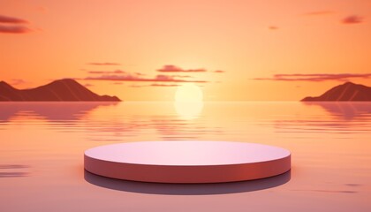 3D podium with copy space for product display presentation on tropical sunset beach abstract background. Tropical summer and vacation concept
