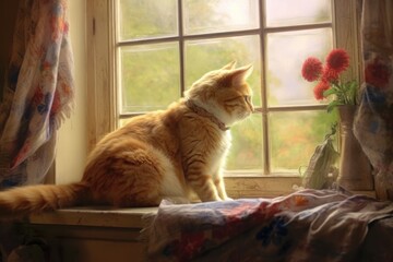 cat stretching near open window, fresh breeze blowing, created with generative ai