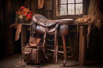 Fototapeta na wymiar leather saddle on workhorse in rustic setting, created with generative ai