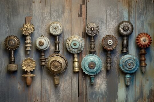 artistic arrangement of vintage door knobs on distressed wood, created with generative ai