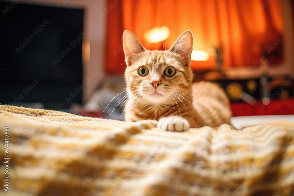 Poster close-up of cat stretching on a cozy blanket, created with generative ai