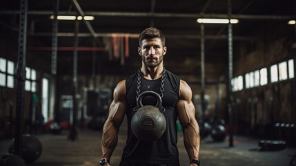 Fototapeta na wymiar Handsome muscular man holding kettle bell in sport center