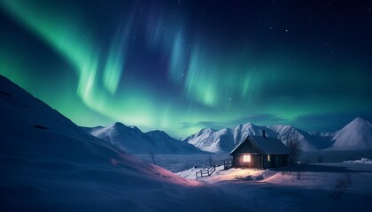 A hut at snow mountain on aurora and star sky abstract background
