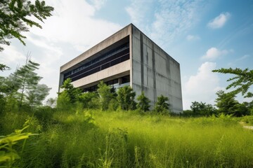 Fototapeta na wymiar wide-angle shot of sleek and minimalist building surrounded by lush greenery, created with generative ai