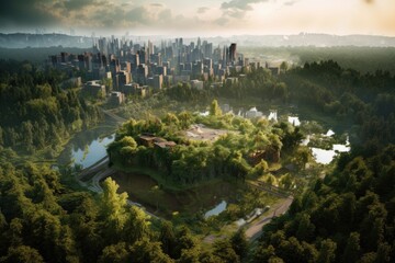 Fototapeta premium aerial view of urban skyline surrounded by nature, created with generative ai