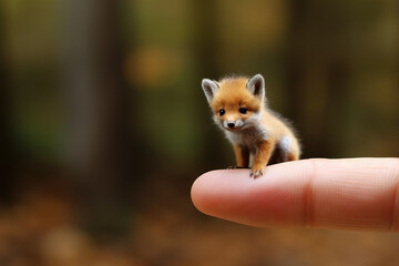 tiny small fox sitting on a finger tip, ai generated