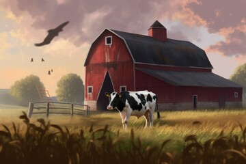 cow tail swishing with a barn and silo in the background, created with generative ai