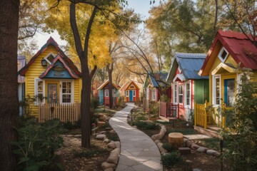 Fototapeta na wymiar a tiny house community filled with whimsical, colorful homes in a park setting, created with generative ai