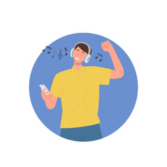 Happy smiling man cartoon character wearing headset listening to music and dancing feeling excited