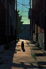shadow of a black cat crossing a dark alley, created with generative ai
