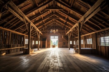 restored barn interior with exposed wooden beams, created with generative ai