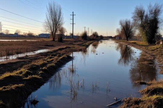 flooded area near damaged levee awaiting repair, created with generative ai