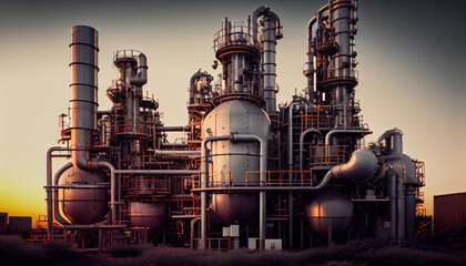 Fototapeta na wymiar Petrochemical production, plant. Pipelines, fuel tanks and gas distillation systems. AI generated.