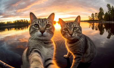 Obraz premium Two funny tabby cats taking selfie at frozen lake. Created using generative AI tools