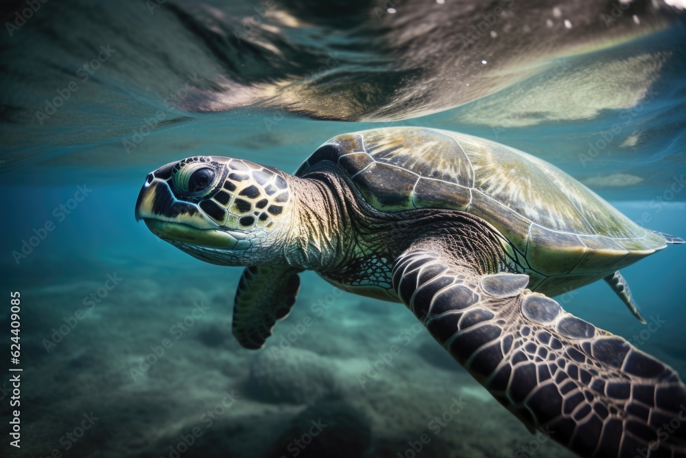 Wall mural sea turtle swimming with its head above the water, looking for prey, created with generative ai