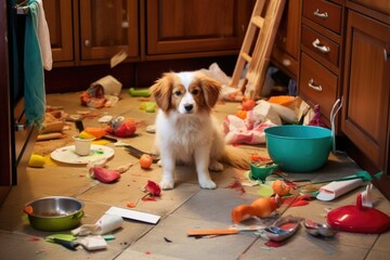 messy kitchen floor with tipped trash and dog toys, created with generative ai