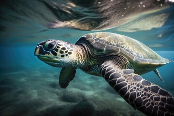 Fototapeta premium sea turtle swimming with its head above the water, looking for prey, created with generative ai