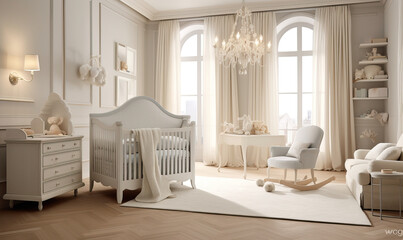 White and bright children's room with crib and toys. Created using generative AI tools