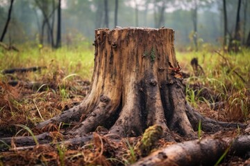 Obraz premium close-up of tree stump in deforested region, created with generative ai
