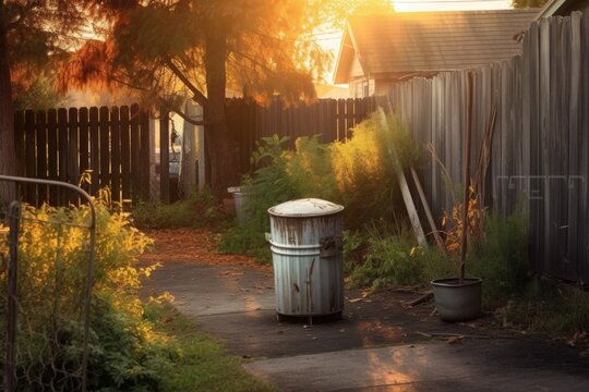 backyard scene, tipped trash can near fence, created with generative ai