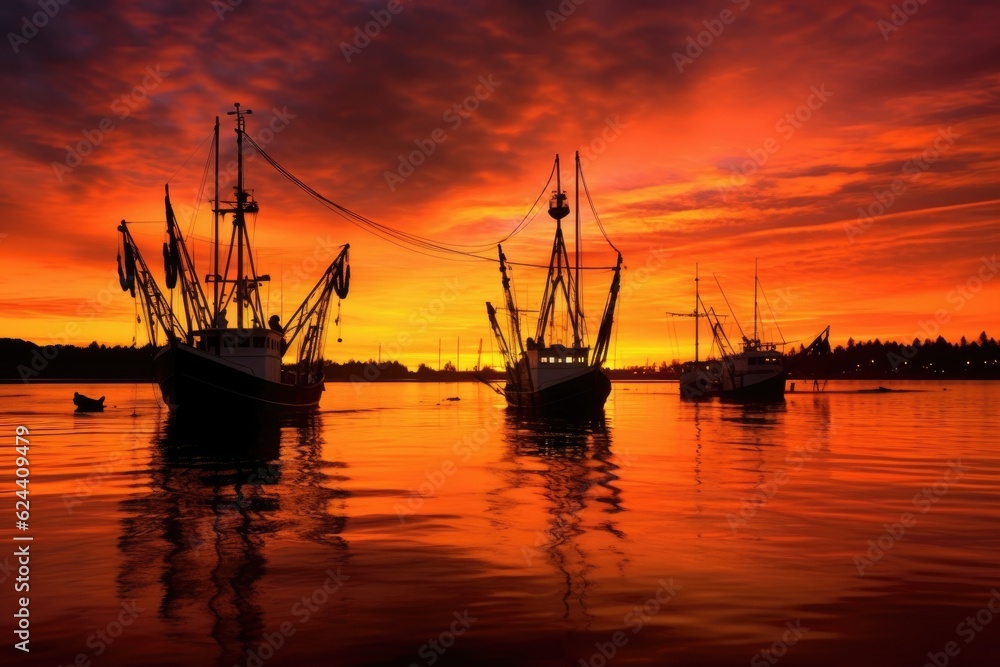 Sticker fishing trawlers silhouette against vibrant sunset sky, created with generative ai