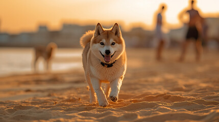 Shiba inu dog running on sandy beach at sunset. Created using generative AI tools