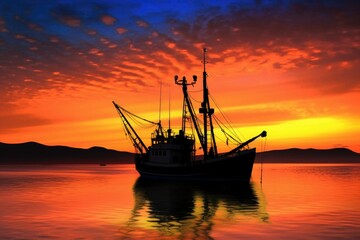 Fototapeta premium silhouette of fishing trawler against vibrant sunset sky, created with generative ai