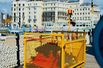 man dragging a yellow bin collection basket on the pier